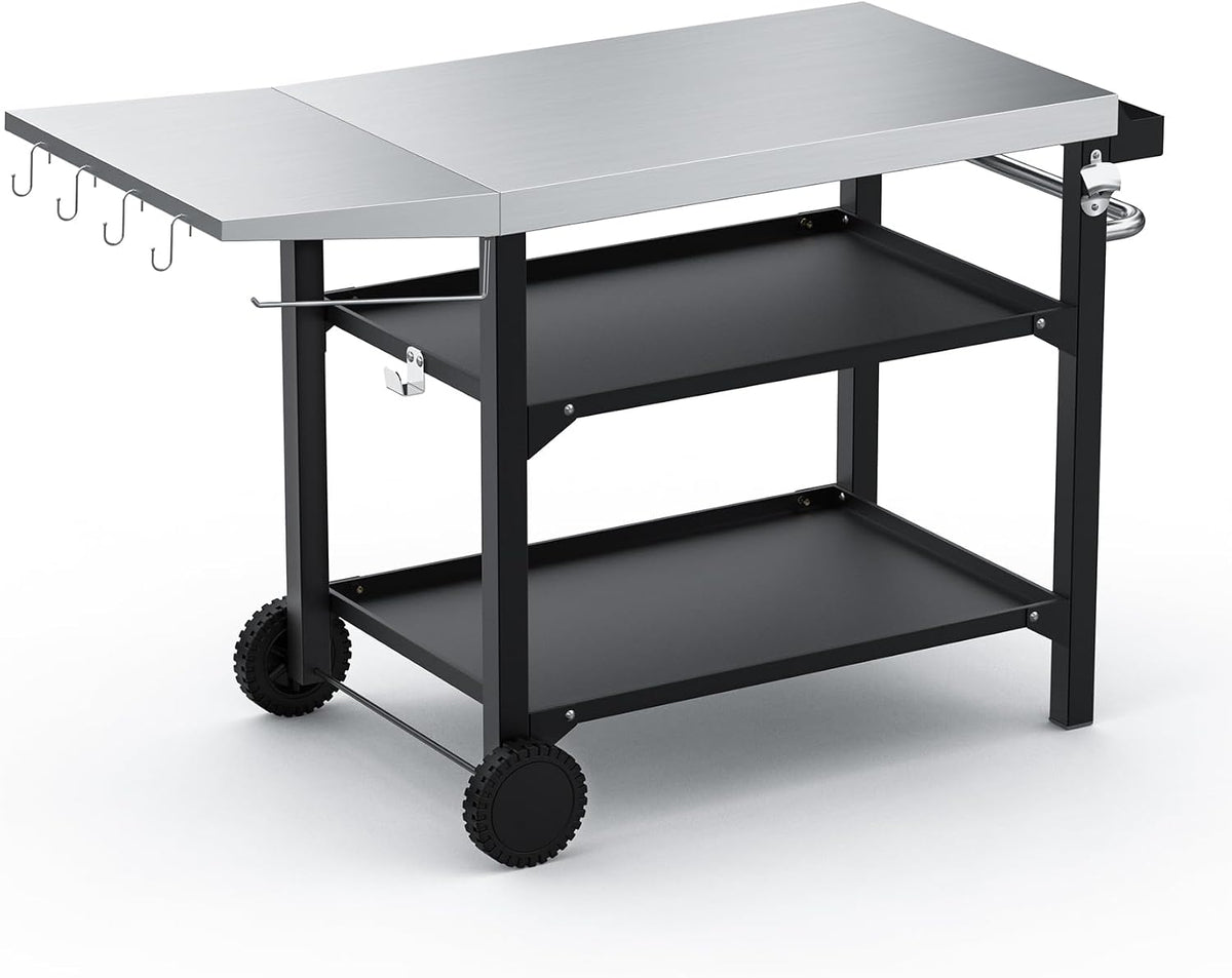 onlyfire Pizzaofen, 120 cm, Schwarz/Silber, Grillwagen mit Edelstahl Arbeitsplatte, Outdoor Grilltisch 3-Etagen für und Gasgrill