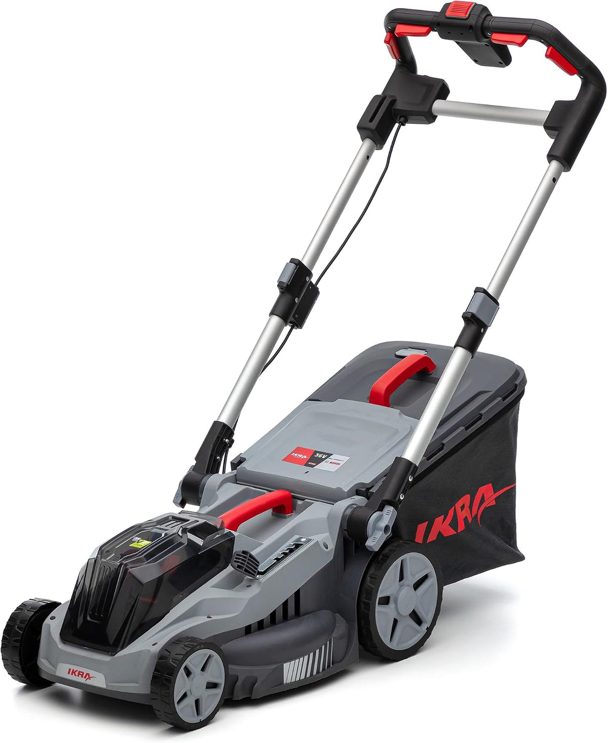 IKRA Rasenmäher, 400m, 38 cm, 75 mm, 36 V, Grau/Schwarz/Rot, BOSCH Akku 3in1 Mulchmäher IB-LM 38, Rasenflächen bis ²