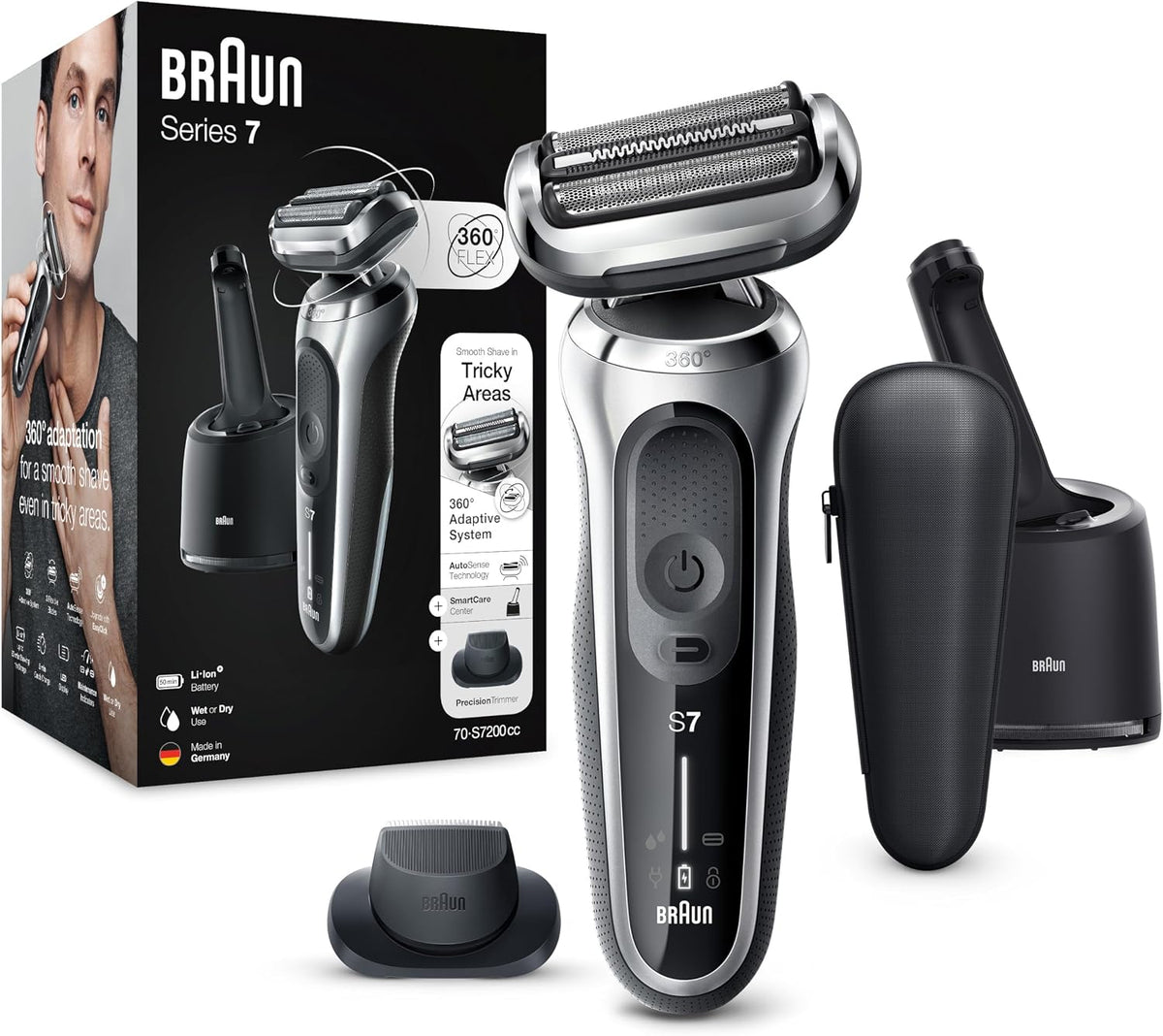 Braun Elektrorasierer, Braun/silber, Series 7 Rasierer Herren mit 360° Anpassung, & Präzisionstrimmer, Reinigungsstation