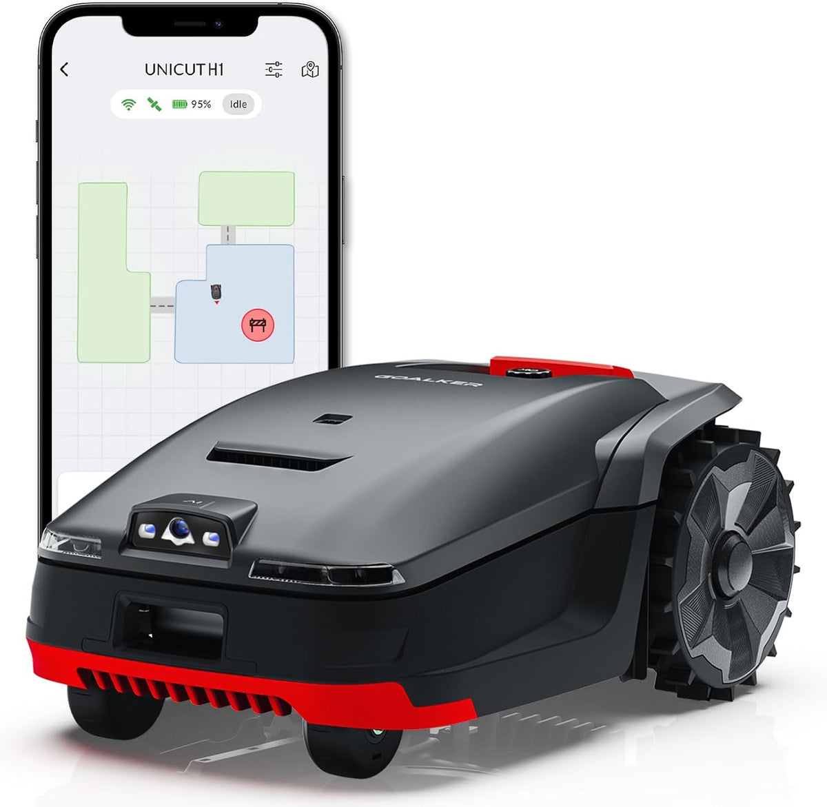 GOALKER Mähroboter, 2000 m, Schwarz/Rot, Unicut H1 ohne Begrenzungskabel, 5 IN 1: Dual TOF LiDAR & KI-Kamera, RTK+VSLAM Navigation
