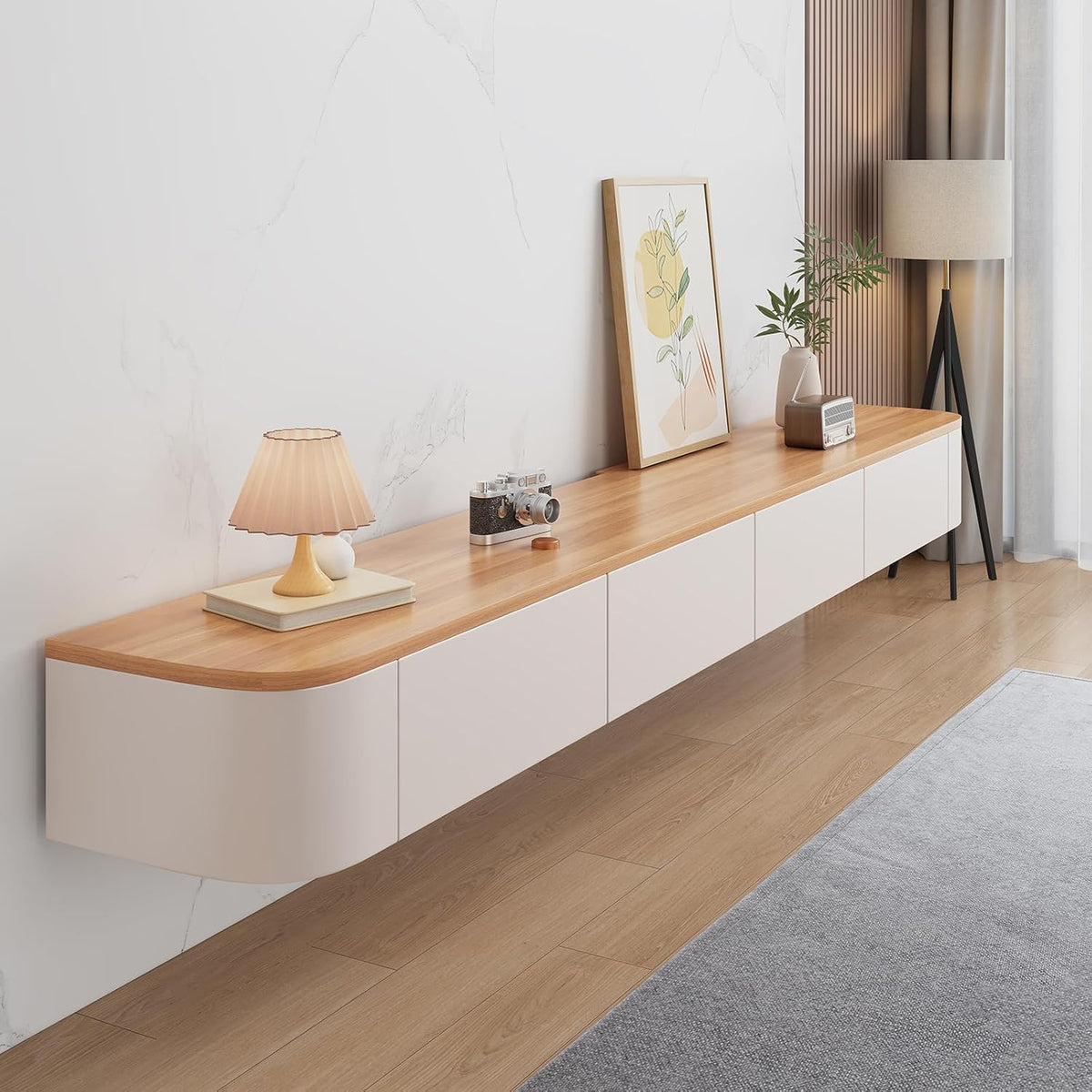 HYANXUE TV-Schrank, 220CM, Weiß/Holz, Lowboard, Schwebender TV-Ständer, Wandmontierte TV-Regale Mit Tür, TV-Medienkonsole