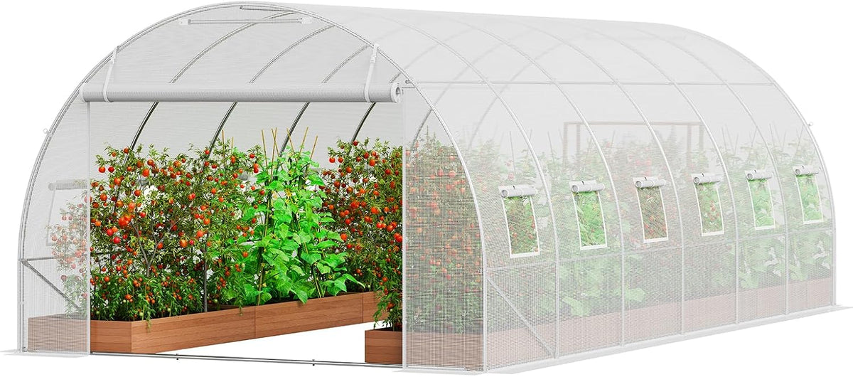 VEVOR Gewächshaus, 590 x 295 x 198 cm, weiß/grün, Folien-, Tomaten, Treibhaus mit verzinktem Stahlrahmen, grüner PE-Abdeckung