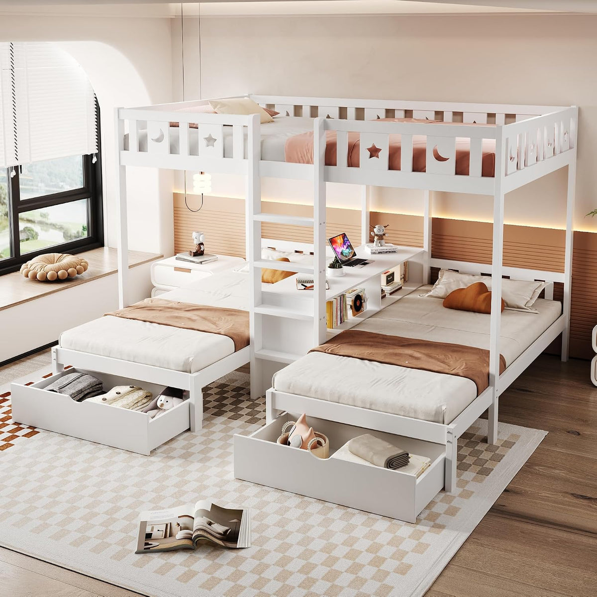 staronce Bett, 90x200 cm, Weiß, Etagen 140x200 +, Dreifach für Geschwister aus Massivholz mit Stauraum, Schubladen & Leiter