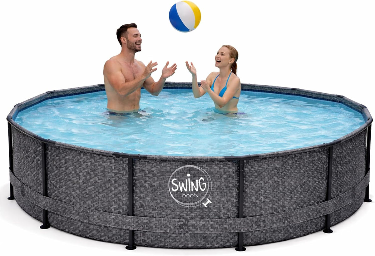 HAF Stahlrahmenpool, 8.300 Liter, 366 cm, 91 cm, Grau, Swing Frame Pool rund Fischgräte (Ø, tief) - Gartenpool mit - Robust