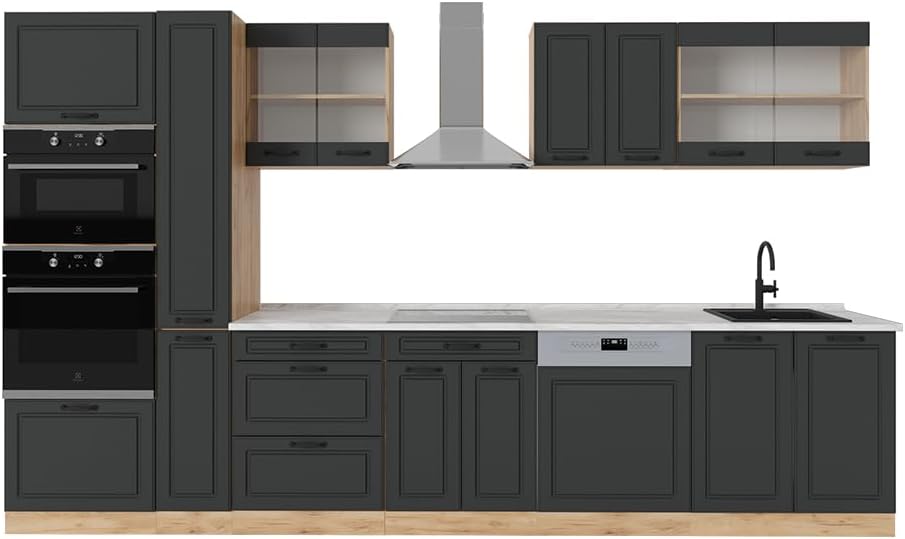 Vicco Küchenzeile, 350 cm, Anthrazit, R-Line, Landhaus/Goldkraft Eiche