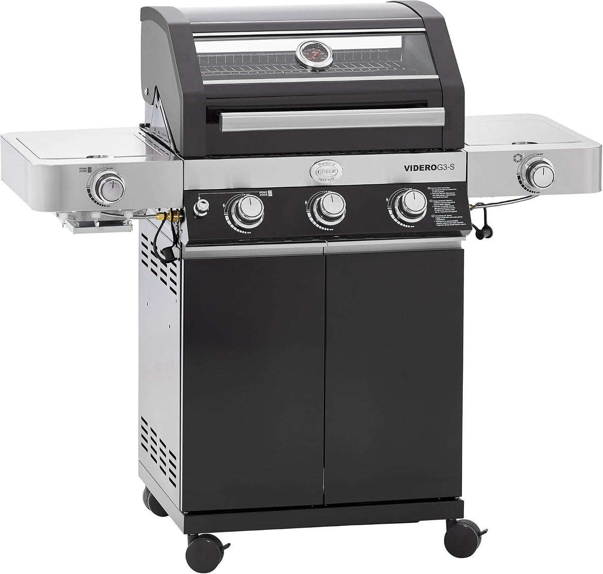 RÖSLE Gasgrill, Schwarz, BBQ-Station VIDERO G3-S, Grill mit 3 Edelstahlbrennern, extra Primezone und Seitenbrenner