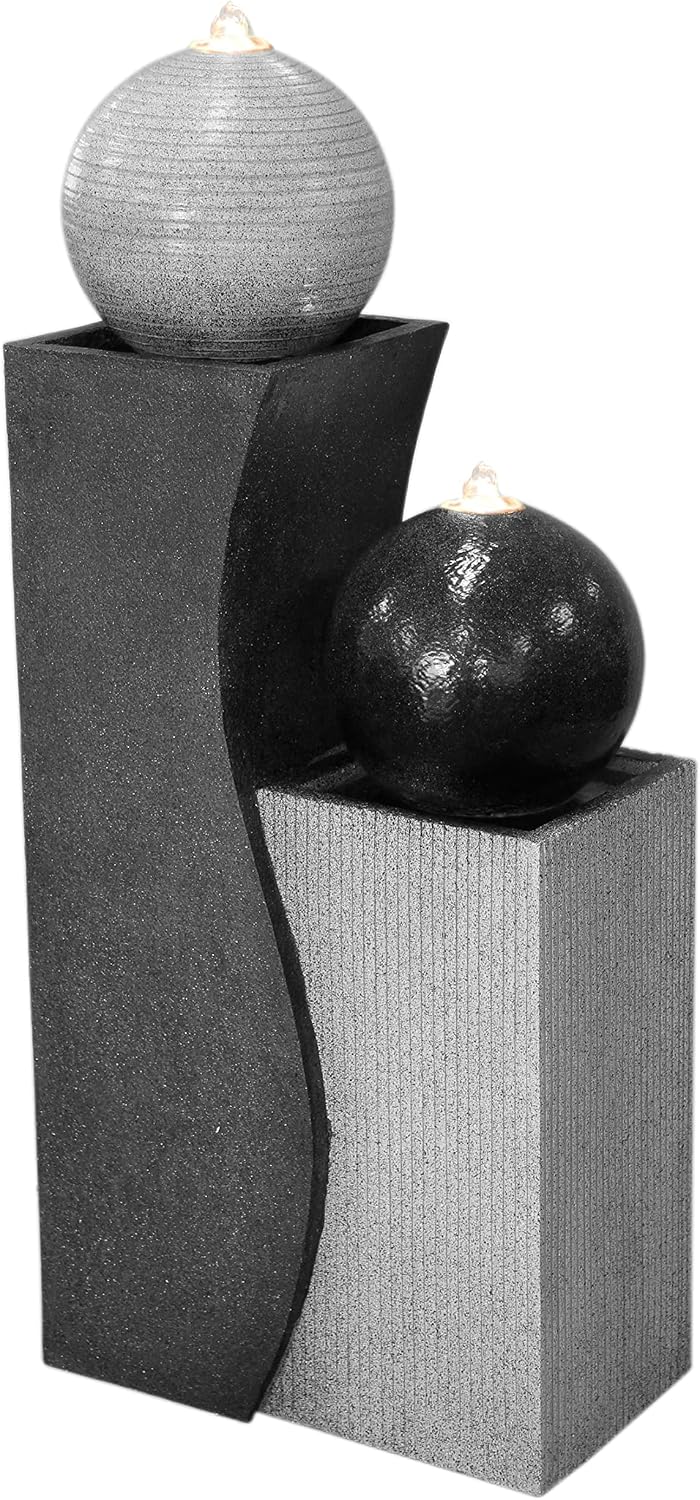 Dehner freistehend, 94 x 41.5 x 24 cm, grau, Gartenbrunnen Ying Yang mit LED Beleuchtung, Polyres