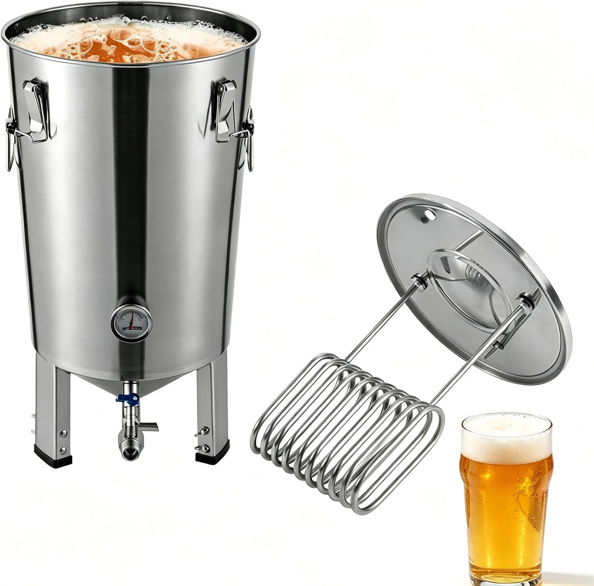 Kaichenyt Gärbehälter, 32 L/ 7.04 Gal, 304 Edelstahl, Silber, Edelstahl 32 L, Bierbrauanlage mit Kühlspirale, Fermenter