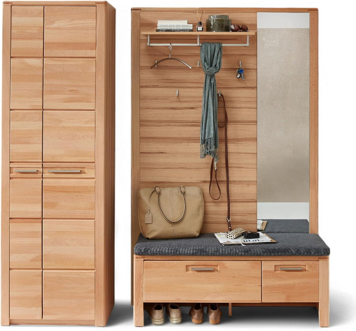 Stella Trading Sitzbänke & -truhen, 200 x 201 x 40 cm, Holz, Nature ONE Flurgarderoben Set in Kernbuche Teil-massiv