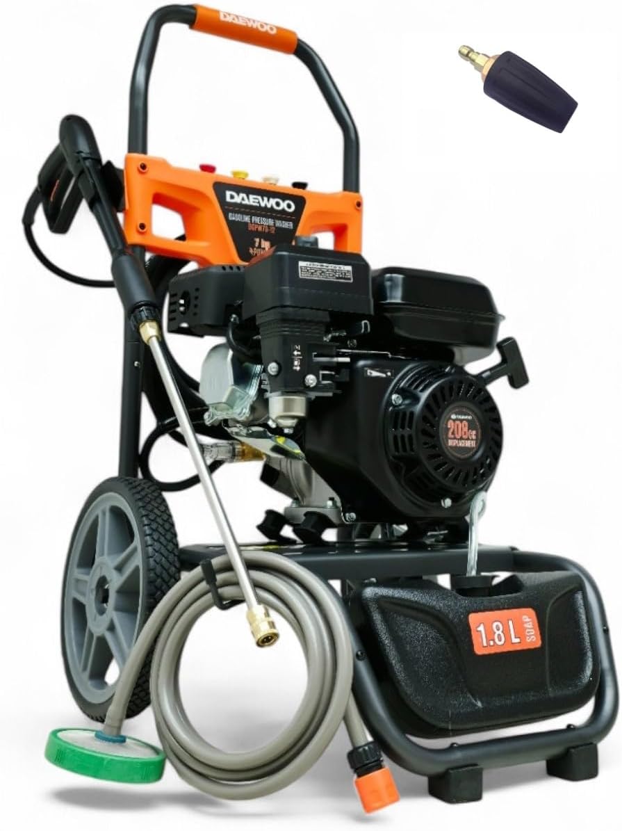DeTec. Hochdruckreiniger, 207 bar, 12 m, Schwarz/Orange/Grau, Benzin, mit Dreckfräse und Hochdruckschlauch, 7PS Flächenreiniger mit Messing Pumpenkopf