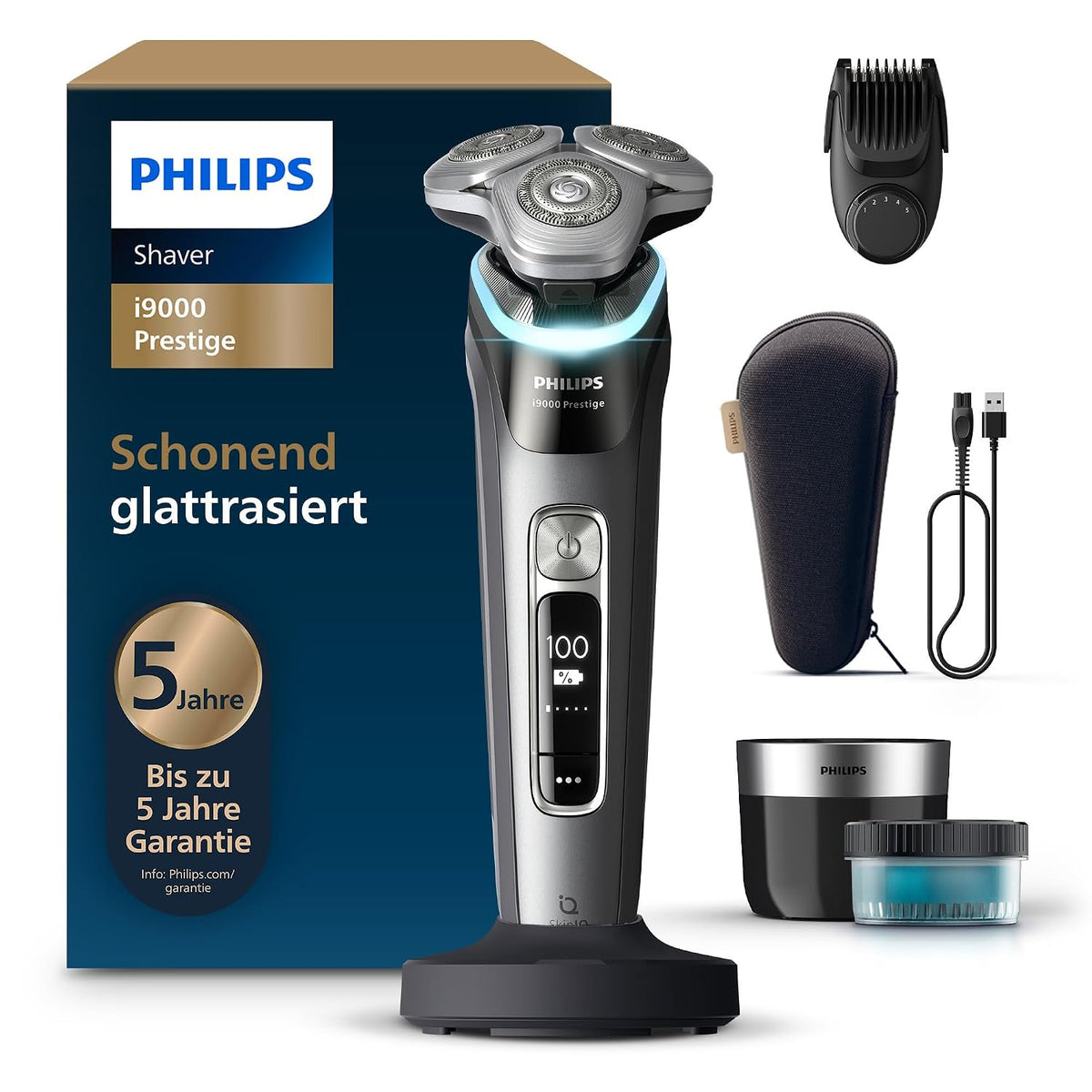 PHILIPS Elektrorasierer, Schwarz, Rasierer i9000 Prestige, elektrischer Nass- und Trockenrasierer für Herren, integrierter Trimmer