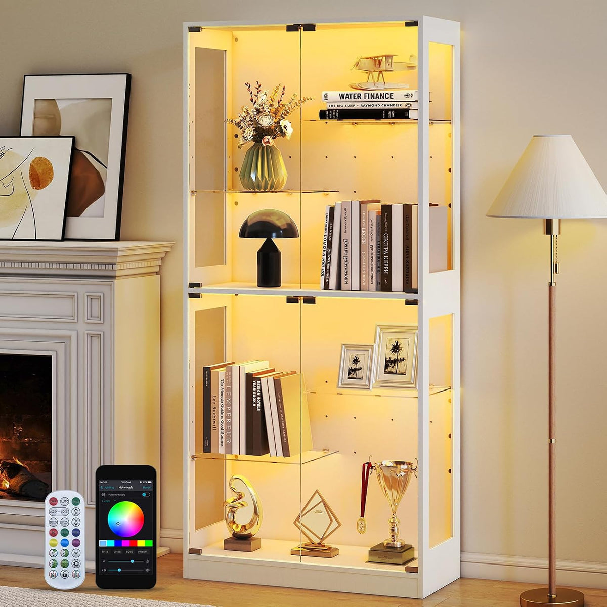 Lamtor Vitrine, 175 cm, Schwarz, Glas n Stehend mit LED Beleuchtung, Glas nschrank Wohnzimmer, mit Verstellbares Regal