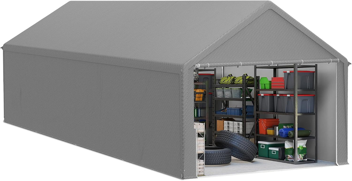 LZQ Gerätehaus, Grau, Lagerzelt 4x8 m, Gerätezelt, & Zeltgarage mit robuster PE-Plane, wetterfester Unterstand mit Dachverstärkung & Bodenrahmen