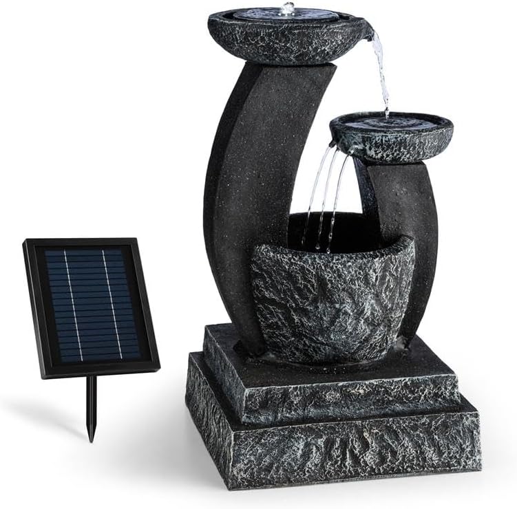 blumfeldt freistehend, 3 W, schwarz, Fantaghiro Zierbrunnen mit Wasserspiel - Gartenbrunnen, 3 Ebenen, integrierte Beleuchtung