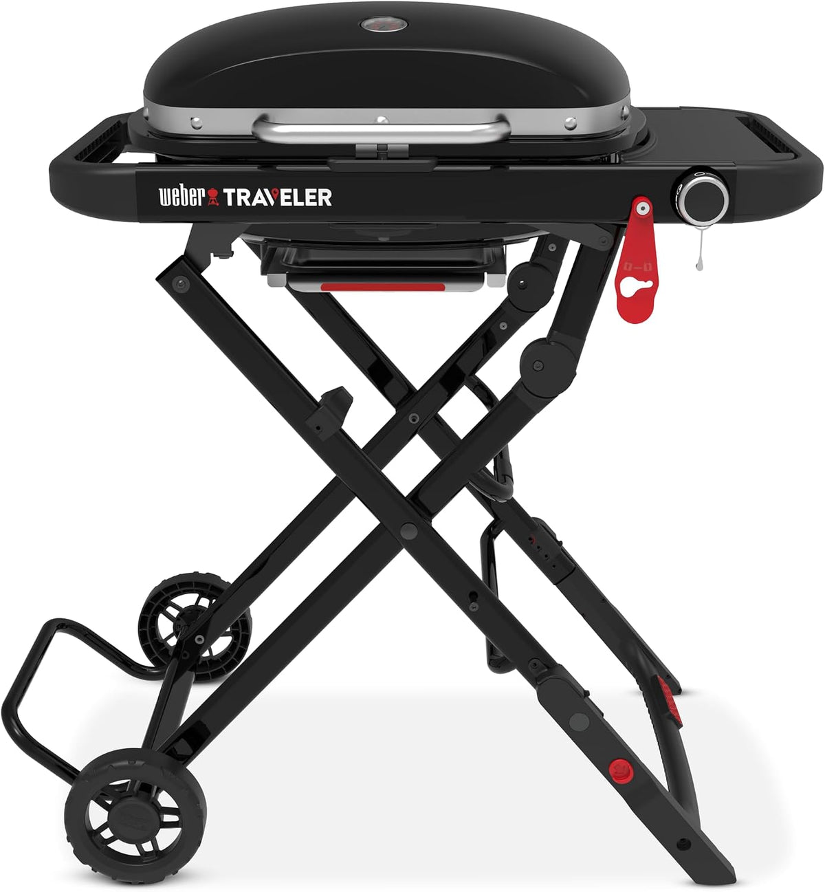 Weber Gasgrill, 52 x 36 cm, schwarz, Traveler Compact /Klappbarer und tragbarer mit Rädern, automatischer Deckelverriegelung und integriertem
