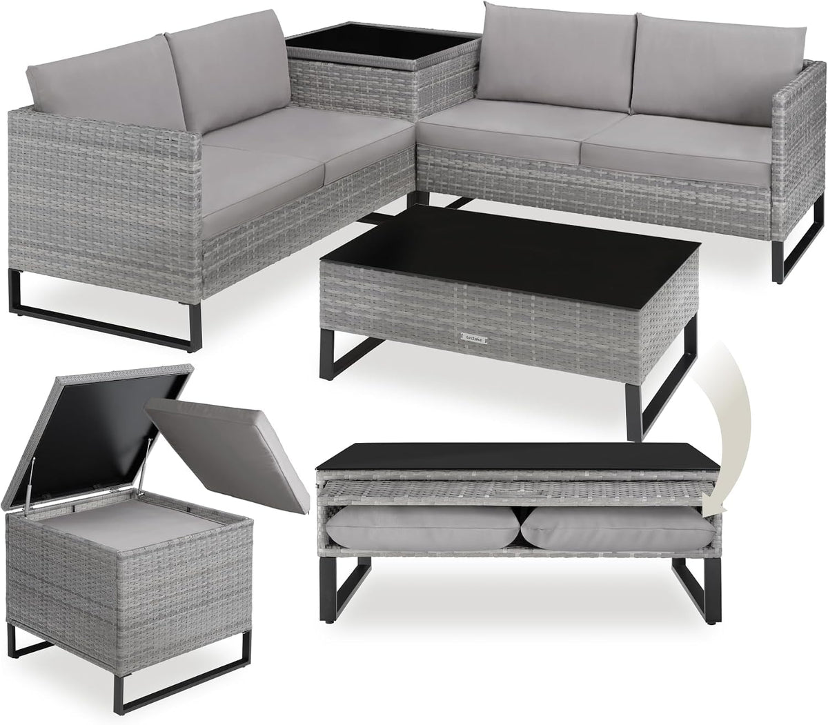 tectake Sofa, 9 cm, grau, Poly Rattan Lounge Sitzgruppe 4 Personen, Gartenmöbel Set mit + Tisch mit Glasplatte