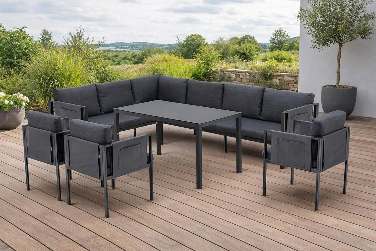 Sofa Gardissimo, Schwarz, Sorrent Dining Eck Lounge Set mit Eck, Esstisch, 3 Sesseln