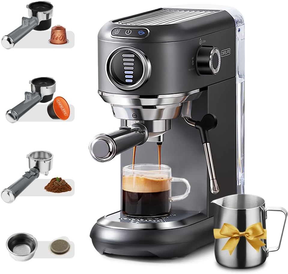 CAFELFFE Milchaufschäumer, Grau, Espressomaschine mit, Siebträgermaschine für Heiß- und Kaltbrühkaffee, Für Nes*- und DG*-Kapseln