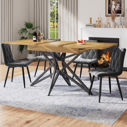 muenfly Esstisch, 160 cm, Schwarz, ausziehbar 120/, Küchentisch mit Walnuss-Dekor, sternförmigen Metallbeinen, für 6-8 Personen
