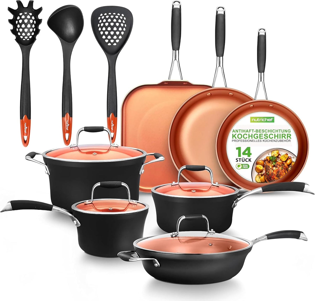 NutriChef Topf- & Pfannensets, Kupfer, NCCWALN14 14-Piece Copper Non-Stick Cookware Set, harteloxierte Optik, hitzebeständiger Lack außen