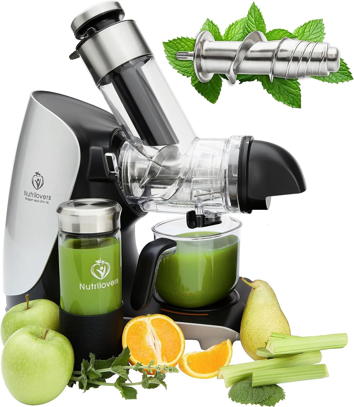 Nutrilovers Geschirrspüler, Silber/Schwarz, GREEN-PRESS EDELSTAHL Slow Juicer 304 Edelstahl Schnecke