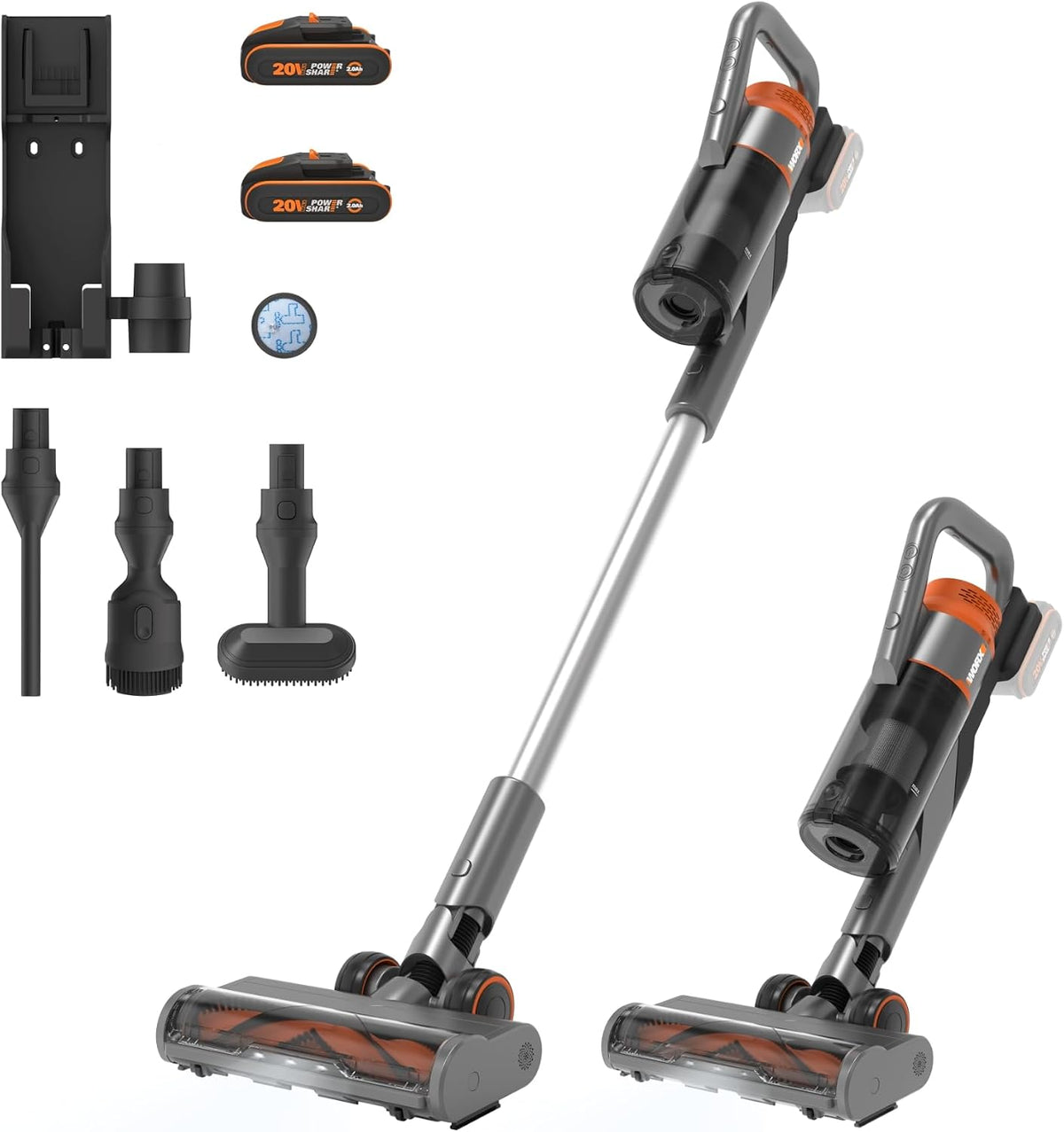 WORX Staubsauger, 20 V, Schwarz, Akku WX038, 25kPa Hand, 2x2 Ah Akkus & Dual