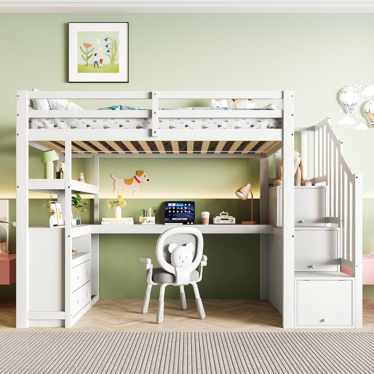 Jovify Bett, 90x200 cm, Weiß, Hoch mit Schreibtisch und Treppe, Etagen Kinder mit Stauraumschubladen und Regale