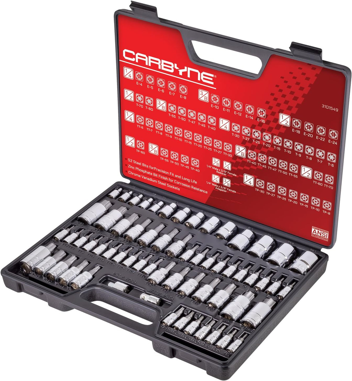 CARBYNE Steckschlüsselsätze, Schwarz/Silber/Rot, 62 Pc Master Torx Bit Socket Set & Torx External Socket Set, S2 Steel Bits