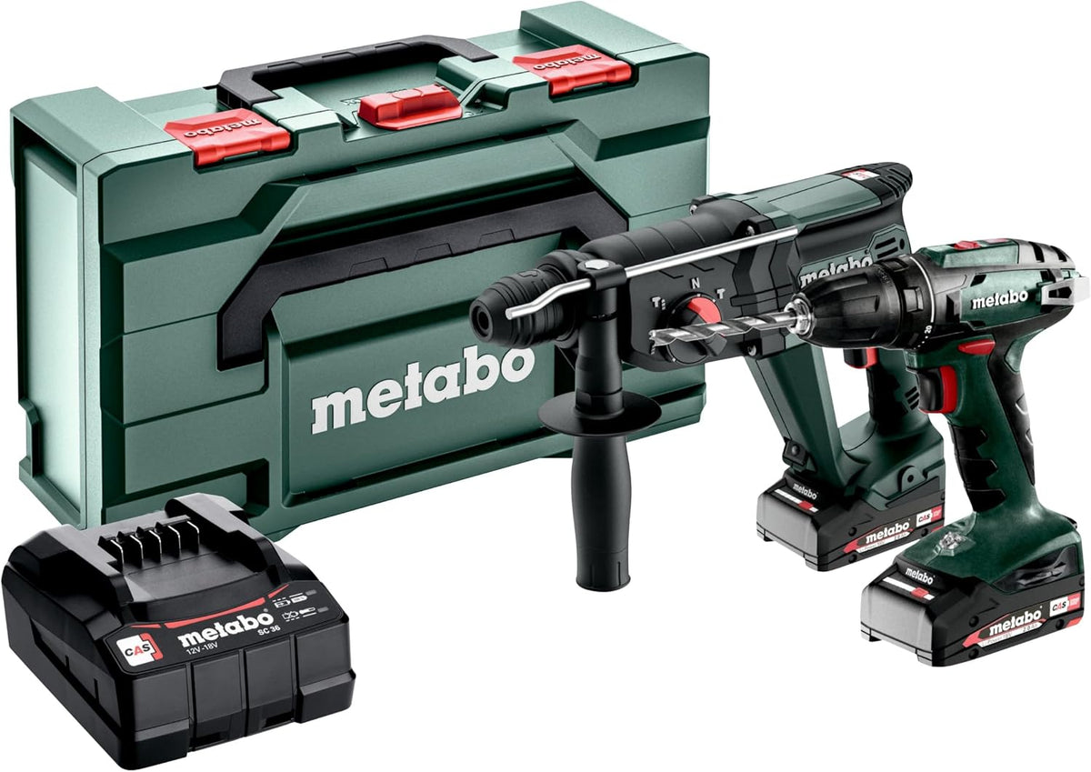 metabo Akkuschrauber, 2.0 Ah, 165 L, 18 V, Grün/Schwarz, Akku-Combo Set 2.3.2- - Bohrschrauber BS 18, Kombihammer KH 18 LTX 24 - Inkl. 2 x Akkupack