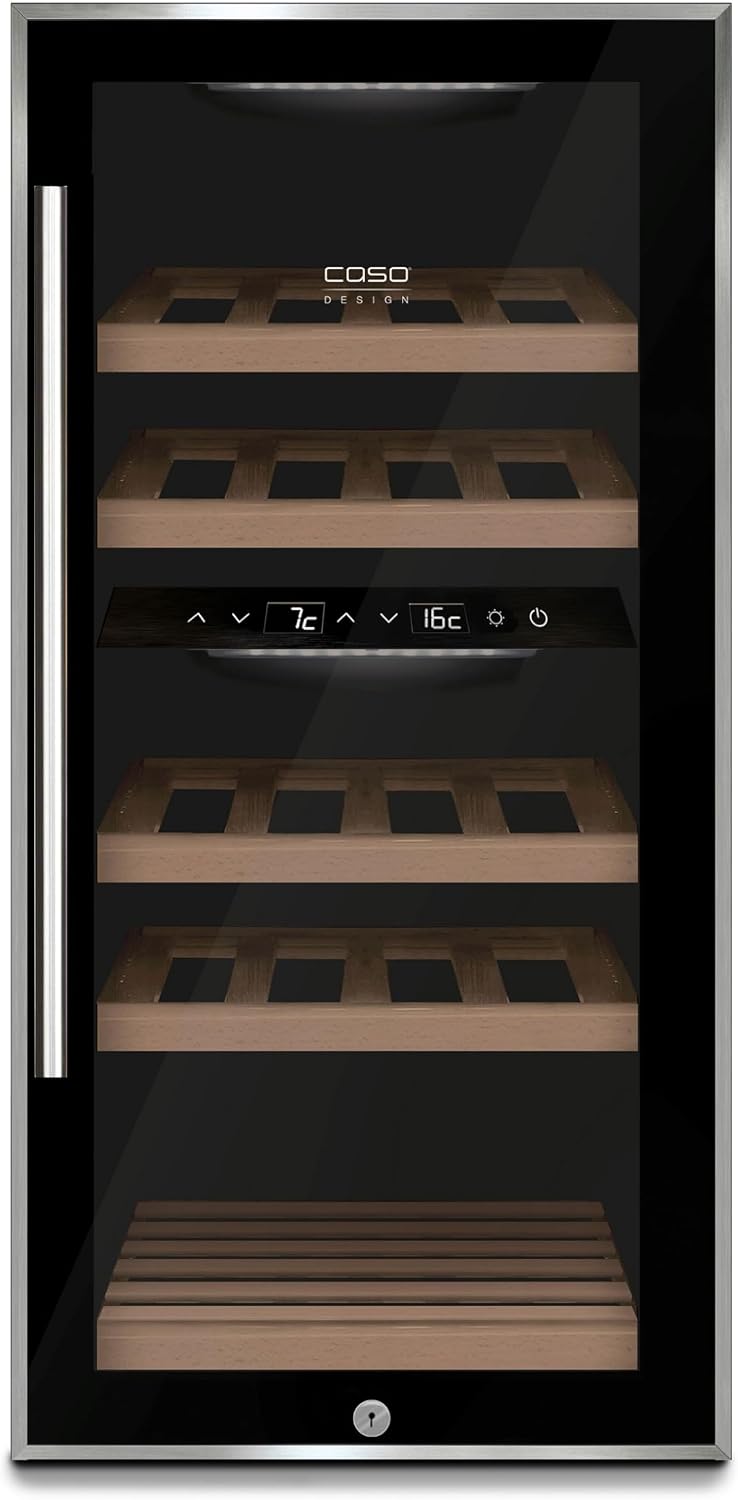 Caso Weinkühlschrank, Schwarz, für 24 Flaschen, 2 Zonen auf 5-20°C einstellbar, Sensor- Touch, LED beleuchtet freistehend