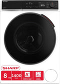 SHARP Waschmaschine, 8 kg, Weiß/Schwarz, ES-WNFB814CWDA-DE, Energieeffizienzklasse A, 1400 U/min, Inverter Motor