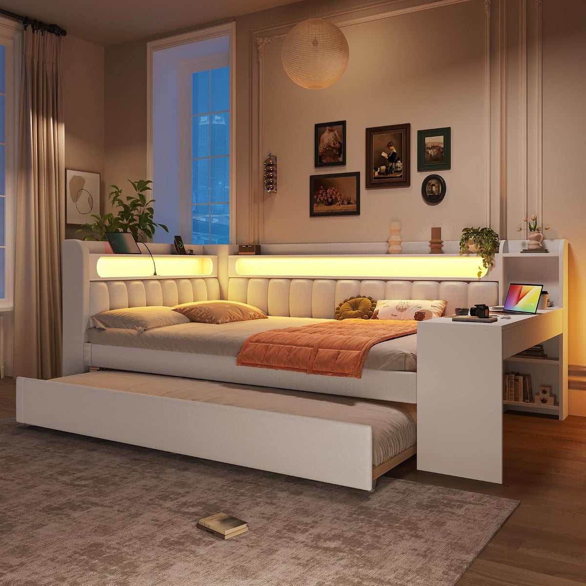 ZIDEY Matratze, Natur, Polsterbett Ausziehbar Schlafsofa 140x200 mit LED, USB-Anschlüssen, Schreibtisch, Tagesbett Ausziehbett mit Lattenrost