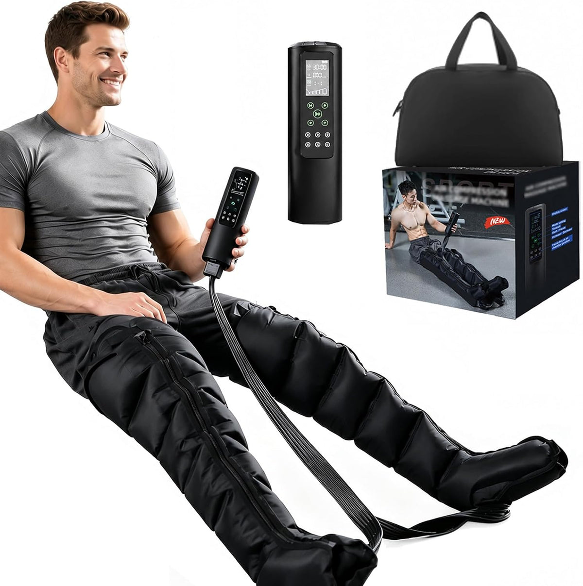 SUYUDD Beintrainer, Schwarz, Lymphdrainage Gerät Beine, Beinmassagegerät für die Lymphdrainage, 12 Modi, Einstellbarer Druck 60-270 mmHg