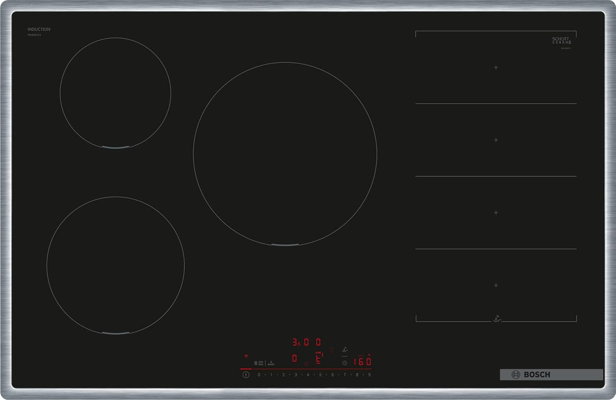 Bosch Kochfeld, 80 cm, 28 cm, Schwarz, PXV845HC1E Serie 6 Smartes Induktions (autark), breit, Freie Platzwahl, große Induktions-Kochzone
