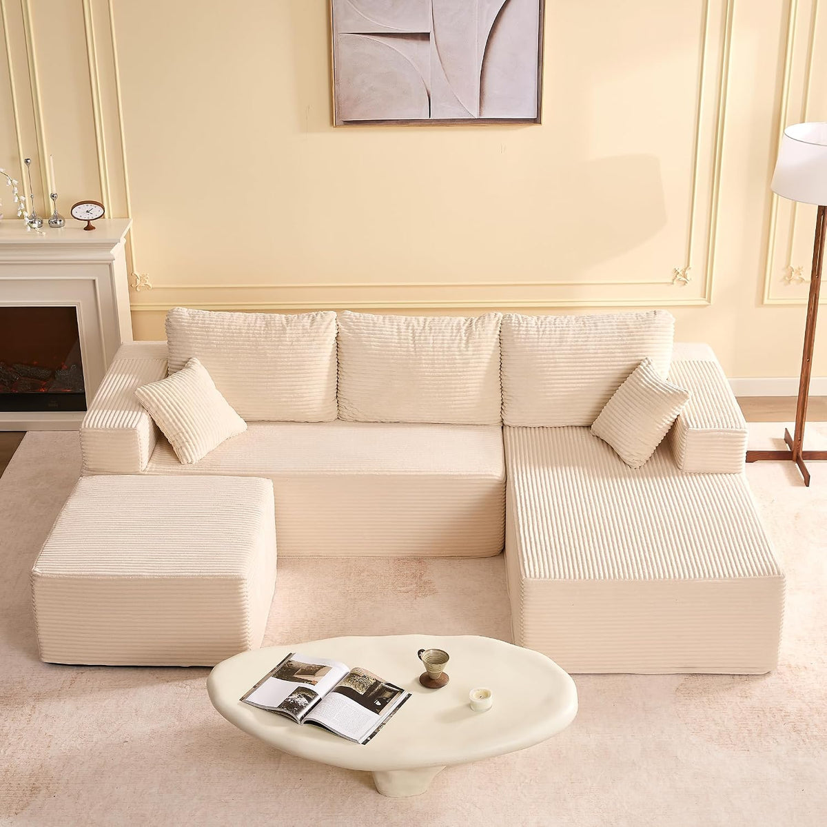 Sofa Litbird, 272 cm, Beige, U-förmiges modulares Eck mit Schlaffunktion, rahmenloses Oversize Schlaf mit Chaiselongue Links