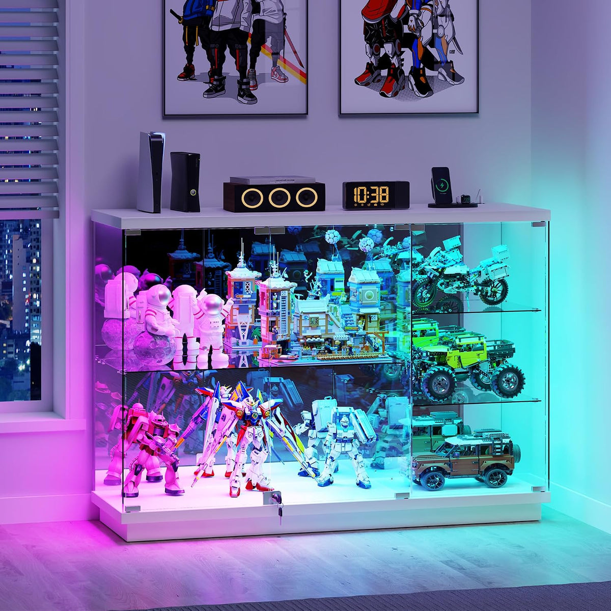 Lvifur Vitrine, Weiß, 3-Lagen Glas mit RGB Beleuchtung und Glastüren
