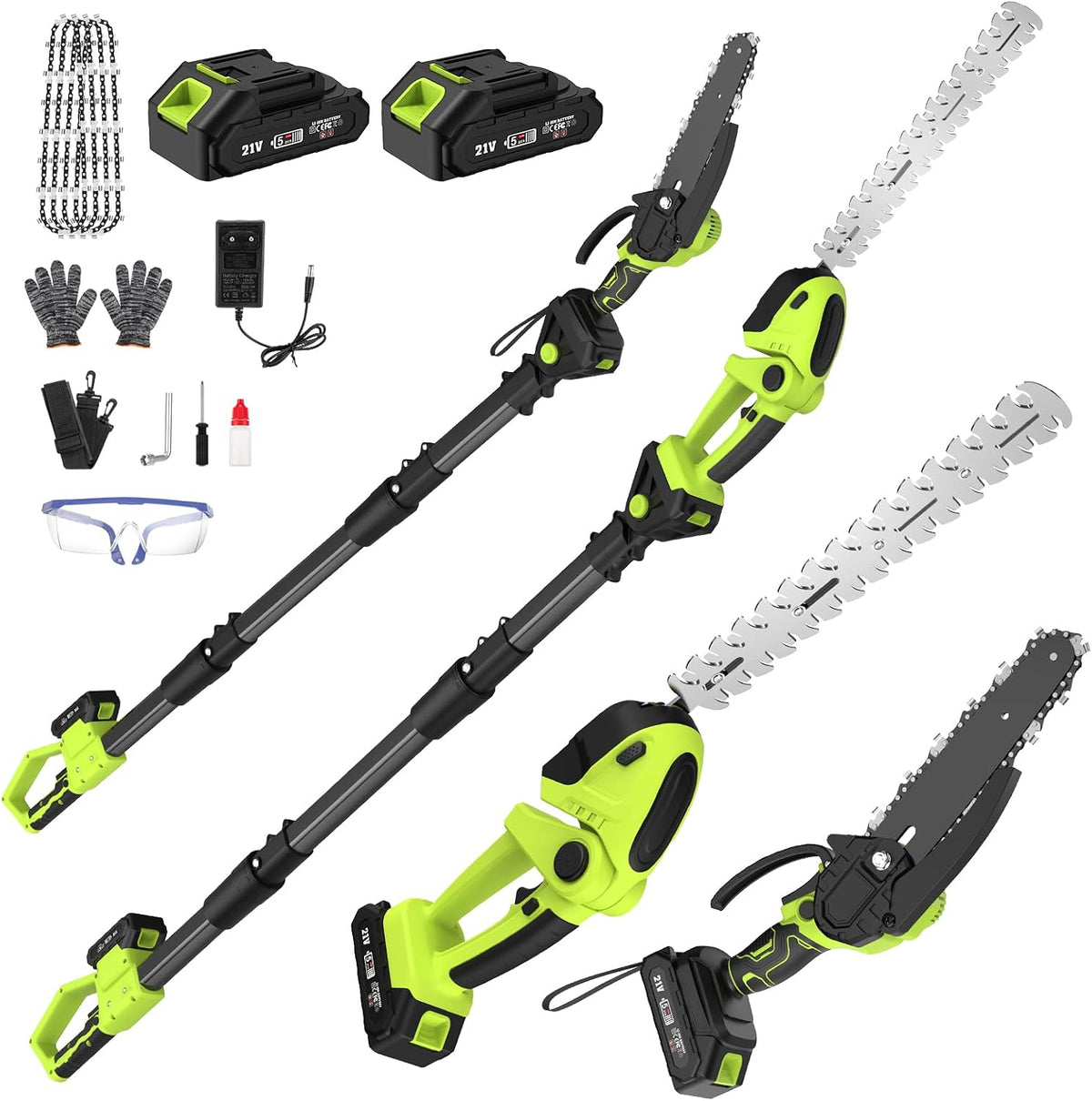 finade Heckenschere, 6 Zoll, Schwarz/Grün, Kettensäge und Akku Teleskop Combo, 4 in 1 Mini Kettensäge Elektrisch mit 2 * 4000 mAh Akku