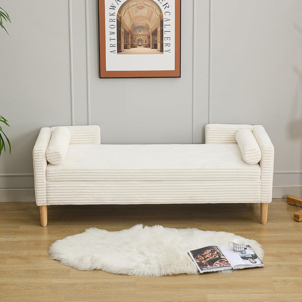 NuvlaGu Hocker, Weiß, Backrest & Two Roll Cushions, Living Room & Entryway, Internal Storage, Durable Wood Frame (Ivory)