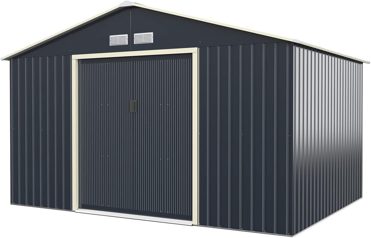 GOPLUS Gerätehaus, 340 x 255 x 210 cm, 4 L, Anthrazit/Beige, Metall 8, Geräteschuppen mit Satteldach, üftungsfenster & Schiebetür