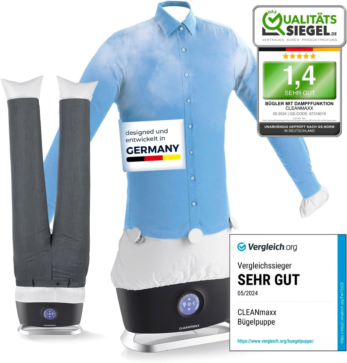 CLEANmaxx Wäschetrockner, Mehrfarbig, automatischer Hemdenbügler PRO STEAM + Hosenaufsatz