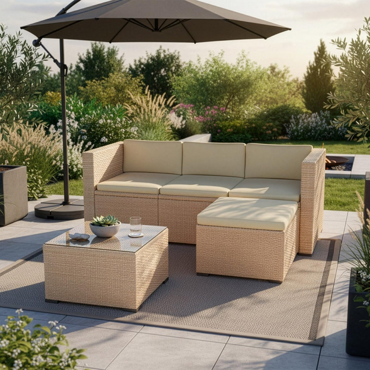 Juskys Sofa, Creme, Polyrattan Lounge Punta Cana M für 3-4 Personen mit 3er, Sessel, Tisch & Kissen, Sitzgruppe für Garten