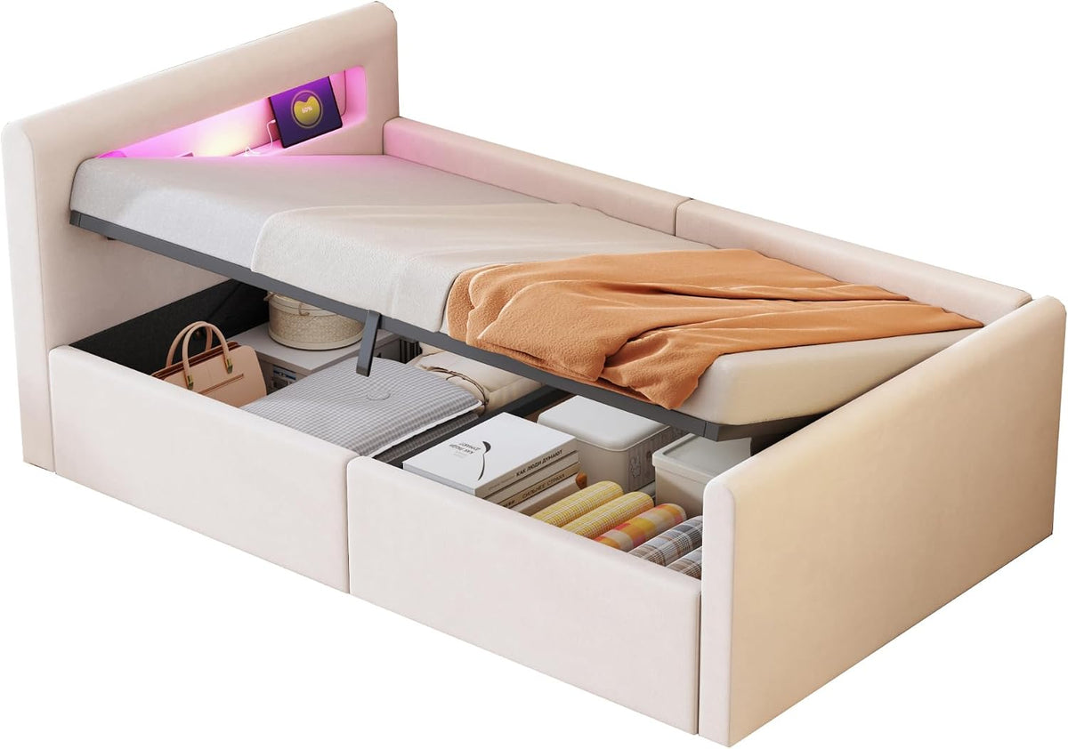 okwish Bett, Beige, Kinder 90x200 Polster mit LED, USB & kasten