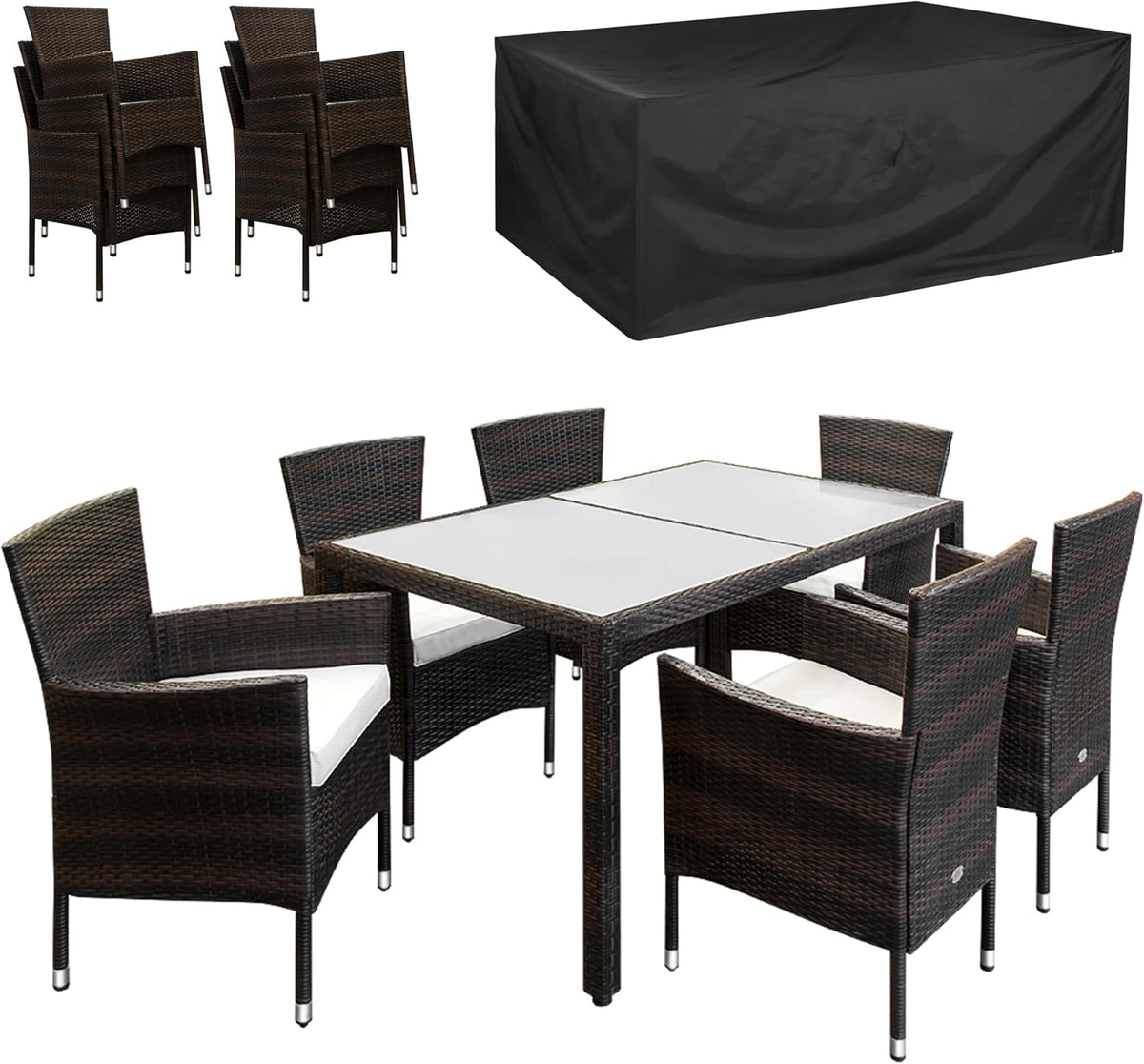 Casaria Gartenmöbel-Set, 150x90 cm, 160 kg, 7 cm, Braun, Gartenmöbel Set 6 Personen Stühle inkl. Polster &