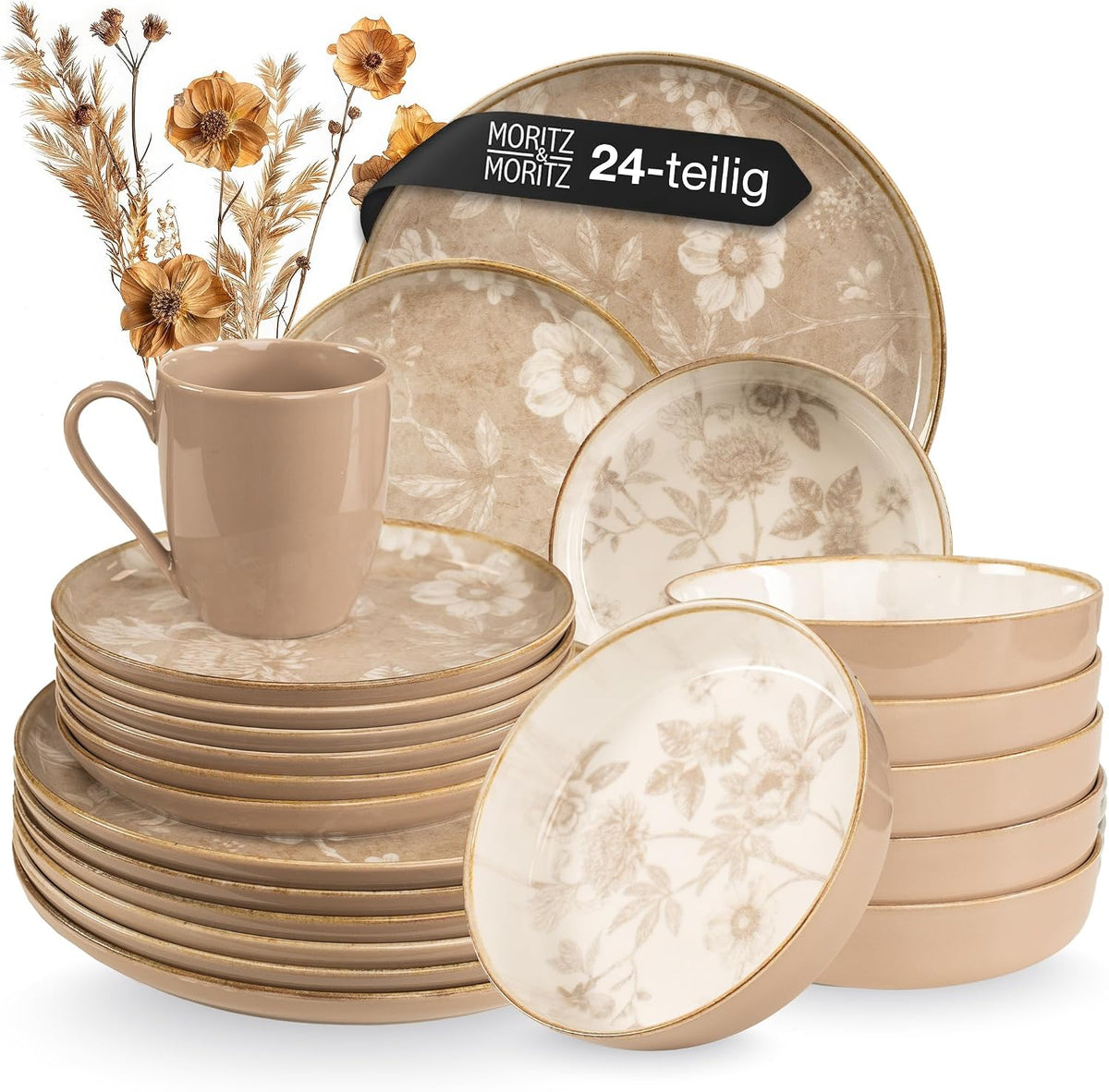 Moritz & Moritz Mikrowelle, Beige, MARIELLA Steingut Geschirrset 6 Personen 24-tlg. - Modernes, Pflegeleichtes Kaffeeservice mit Teller Set