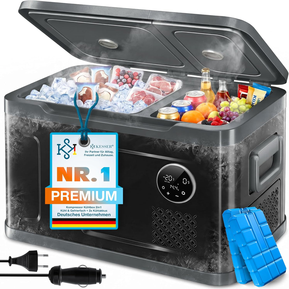 KESSER Kompressor, Schwarz, Kühlbox 2in1 Doppelzone Kühl & Gefrierfach elektrische