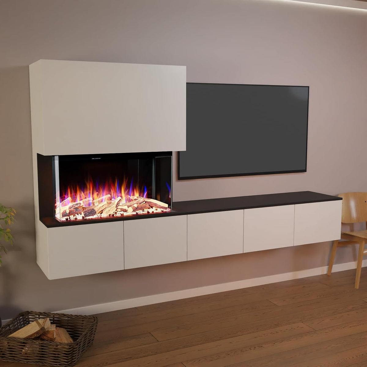 GLOW FIRE Elektrokamin, 250x139.5x42.4 cm, 1500 W, Schwarz, Kamin Fernsehwand CW5 rechtsoffen mit realistischem 3D