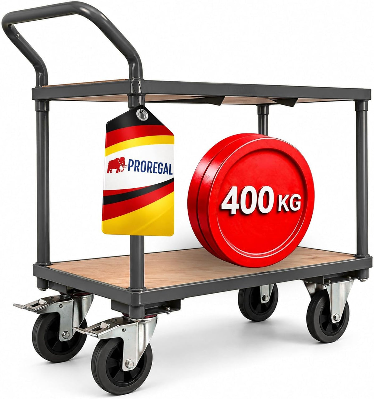 PROREGAL Handwagen, 95x50x97 cm, 400 kg, Grau, Tischwagen Transportwagen Materialwagen Pro mit 2 Etagen, HxBxT, Traglast